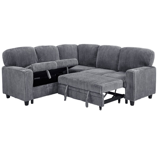 L-Shaped Sectional Sofa Bed With Pull Out Bed & Storage, 5 Seat Sleeper Couch With USB Charging For Living Room - Gray