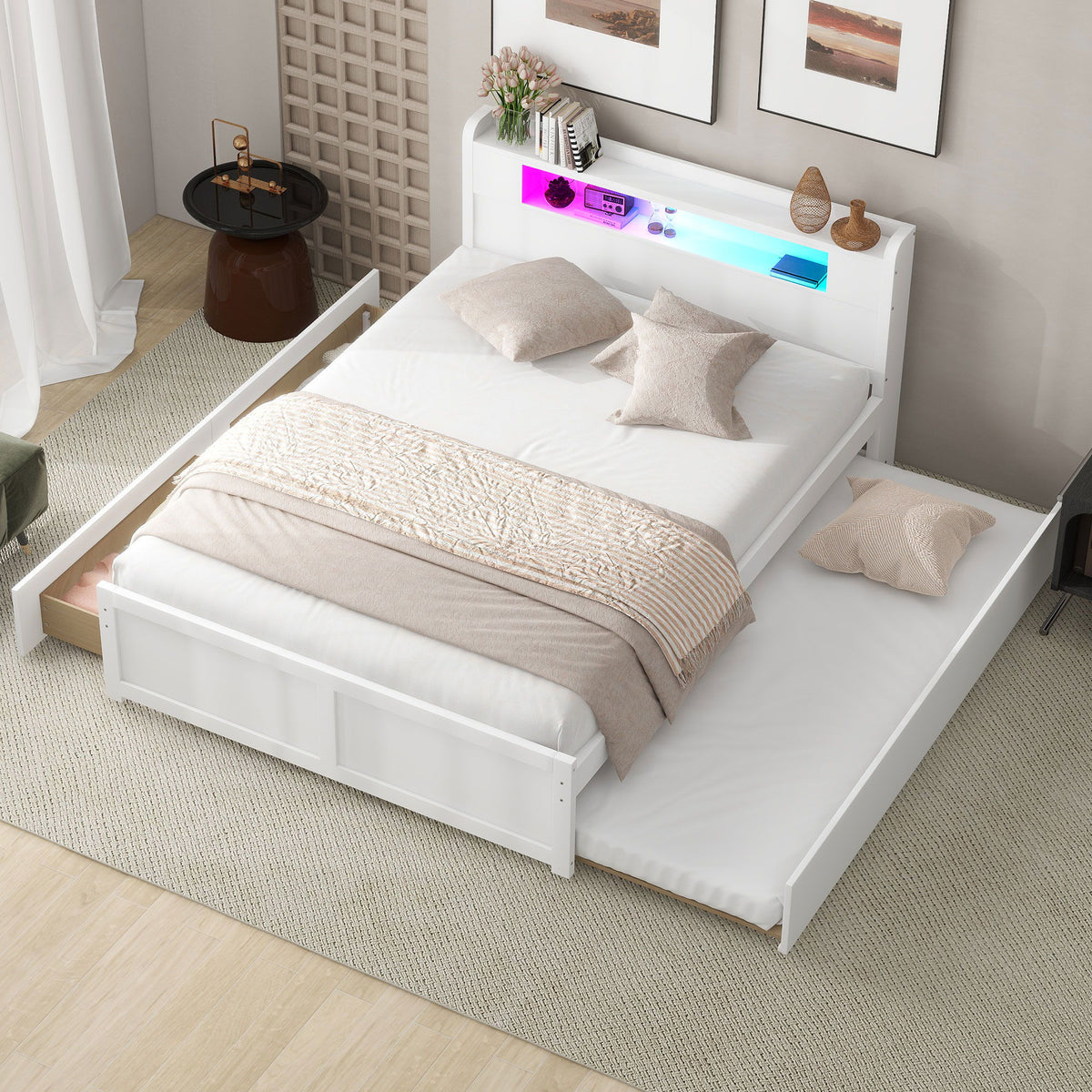 Storage Platform Bed With LED Lights, 2 Drawers And Trundle