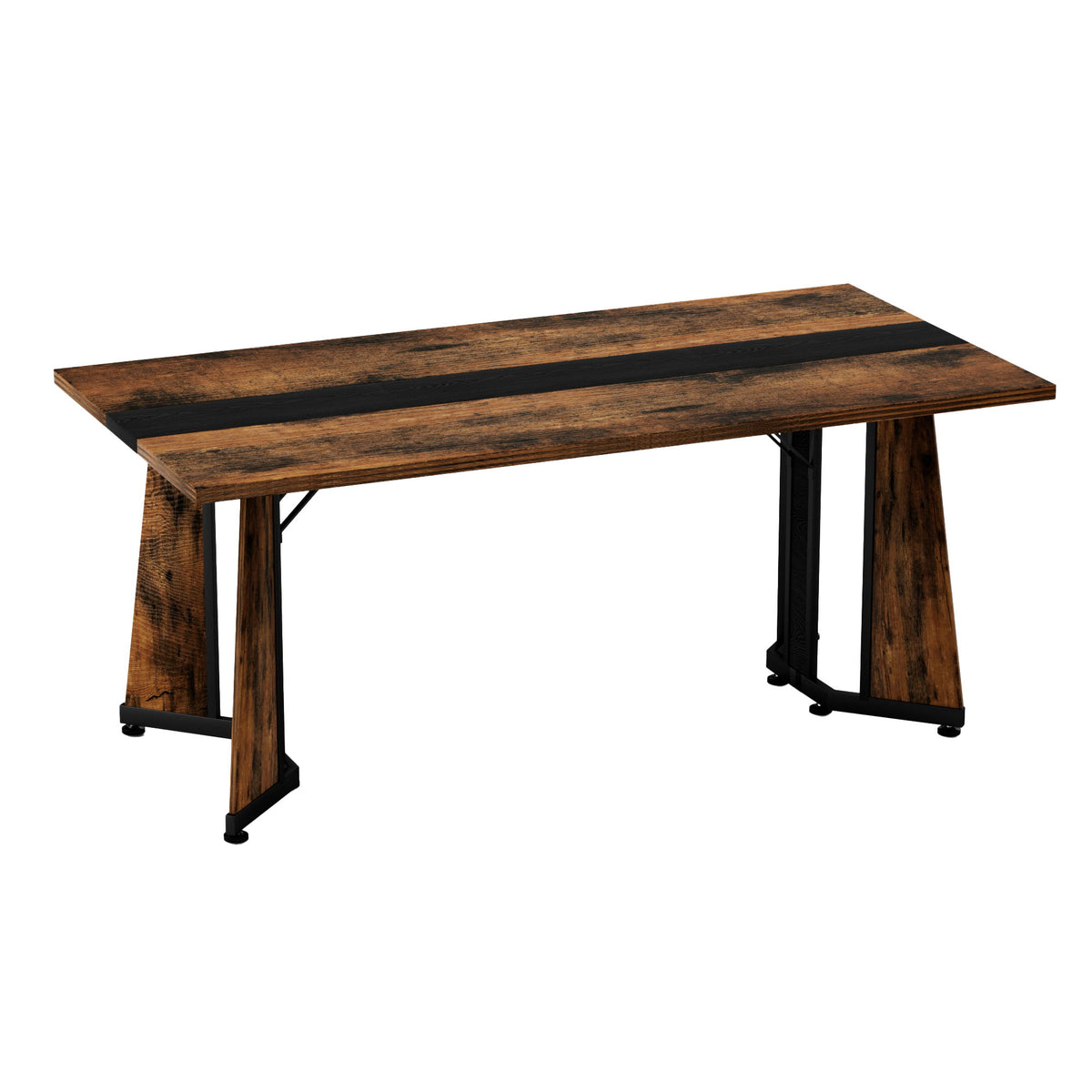 Rustic Rectangular Large Dining Table, Waterproof Desk For 8 People, & Steel With Adjustable Legs - Black / Rustic Brown