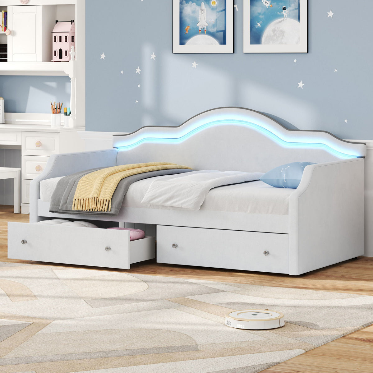 Twin Size Upholstered Daybed With LED Lights And 2 Drawers - Beige