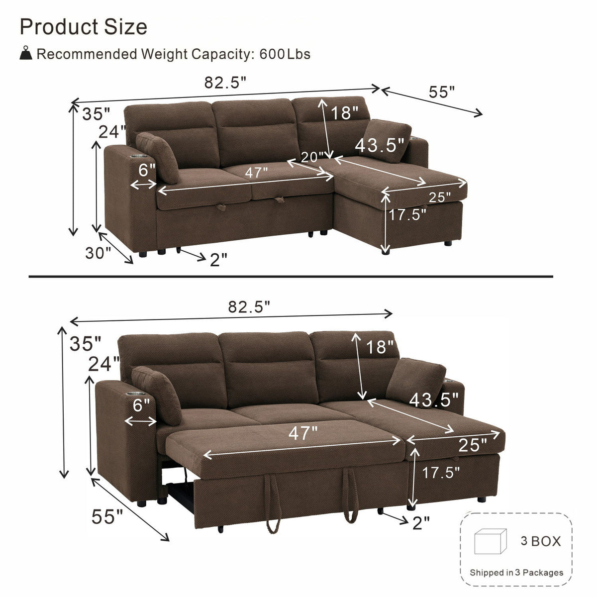 Convertible Sectional Sofa With Storage Chaise, Cup Holders And Pull Out Sleeper