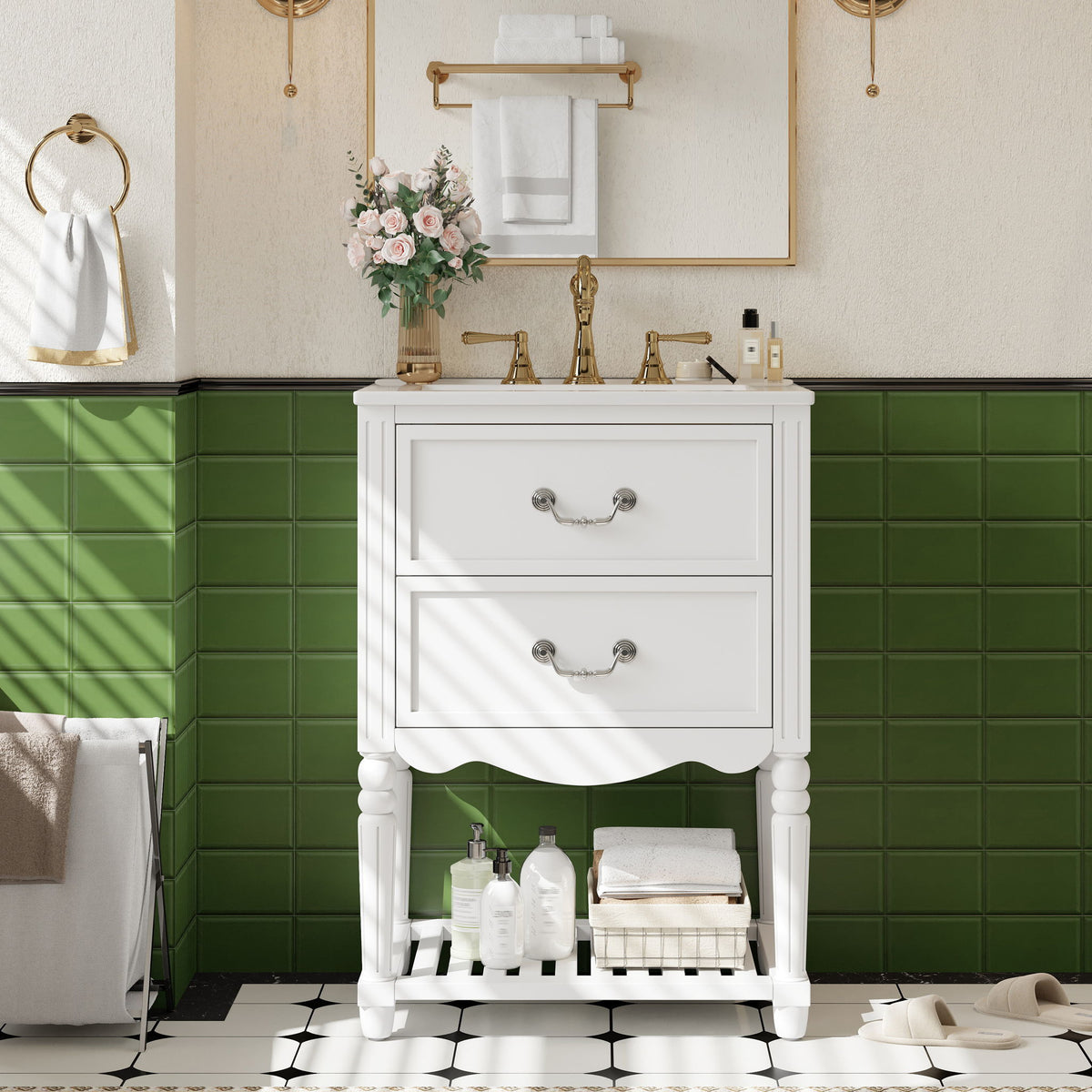 Wave Design Bathroom Vanity With Sink, 2 Drawers And Open Shelf