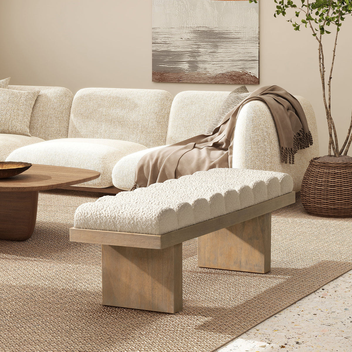 Bella - Upholstered Modern Accent Bench - Ivory White