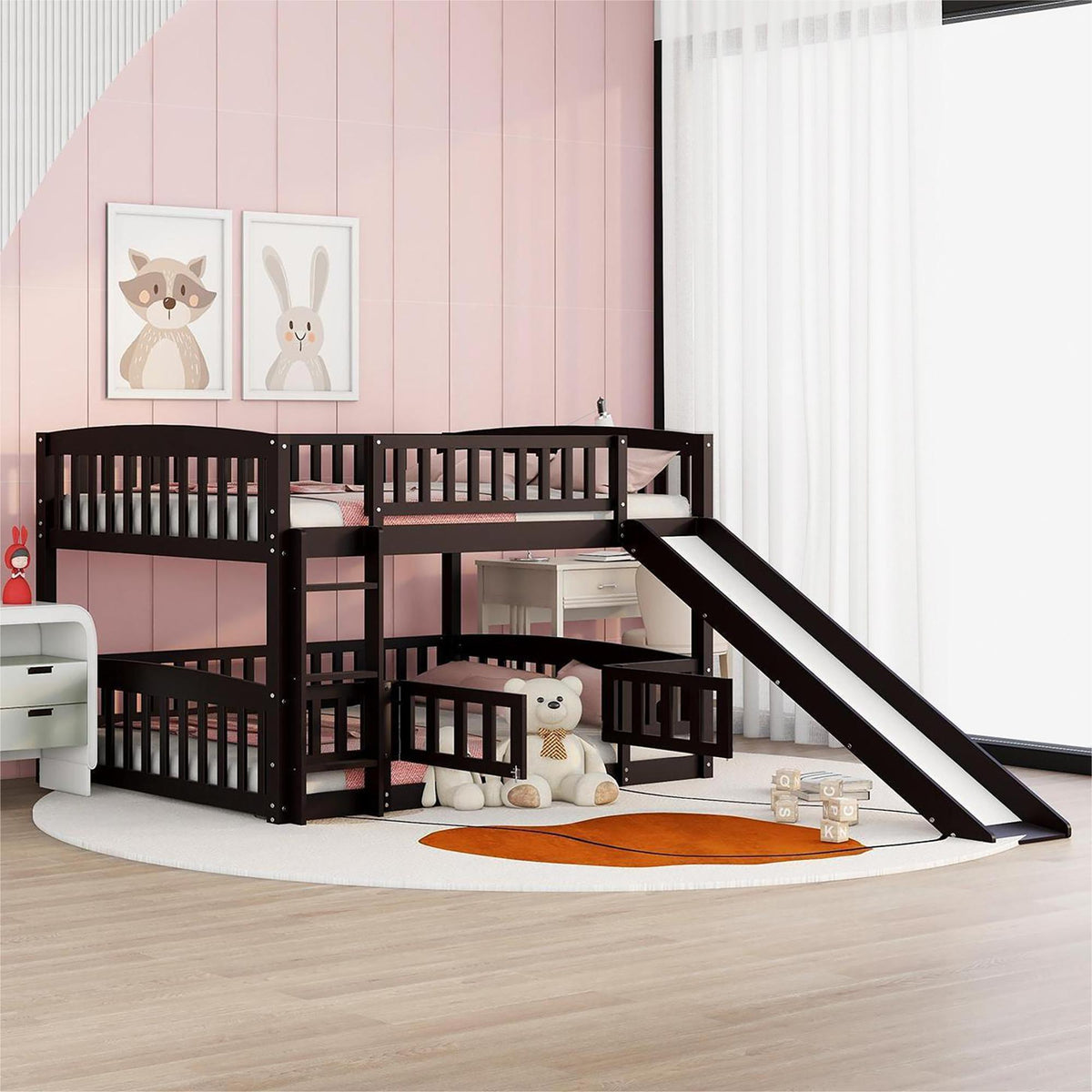 Low Bunk Bed With Slide, Fence And Ladder