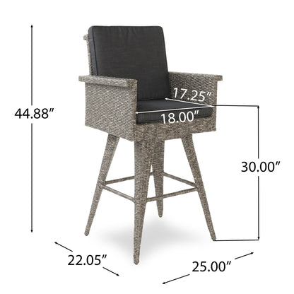 Outdoor Rattan Swivel Barstool With Water Resistant Cushion - Black / Gray
