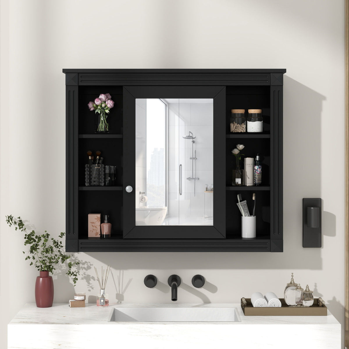 Wall-Mounted Bathroom Storage Cabinet With Mirror, 6 Open Shelves - Black