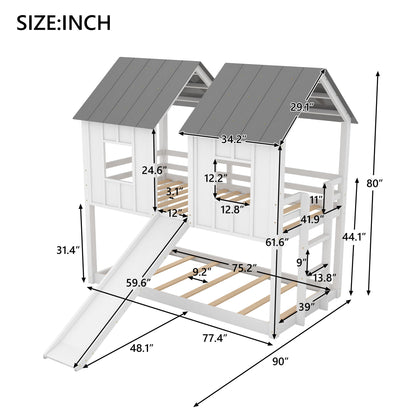Twin Over Twin House Bunk Bed & Slide And Windows - White