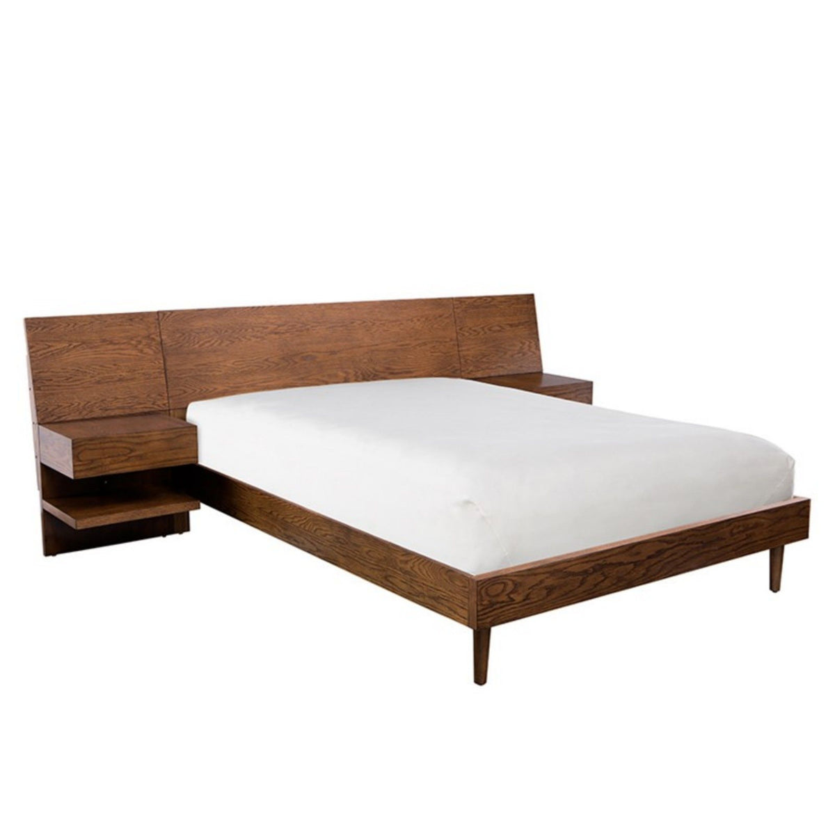 Queen Size Bed With Attached Nightstands And Hidden Storage - Pecan