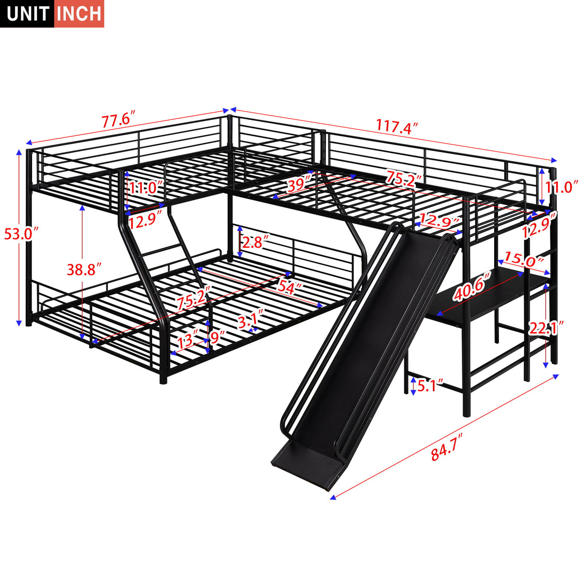L-Shaped Twin Over Full Bunk Bed With Twin Loft, Built In Desk And Slide - Black