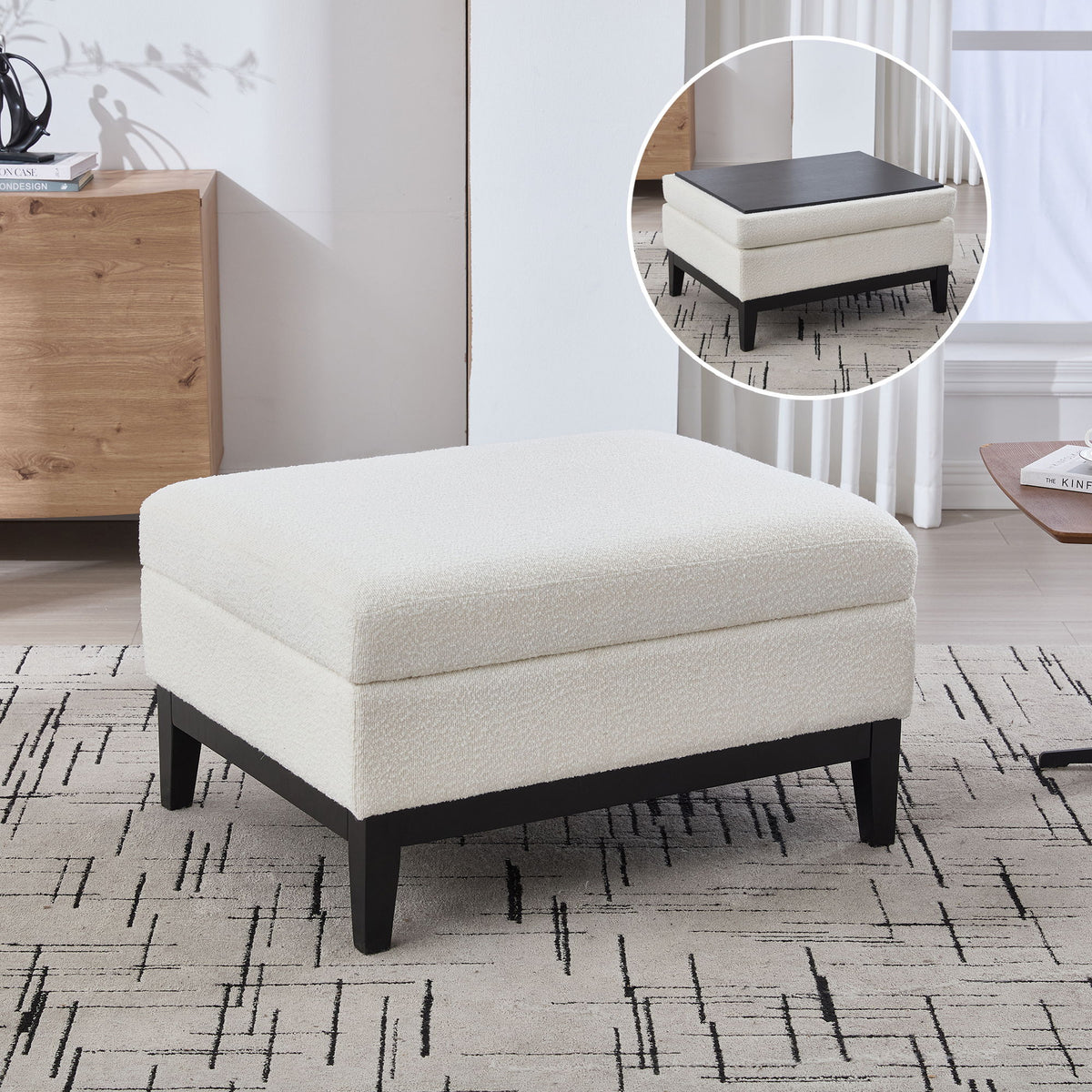 Upholstered Storage Ottoman With Reversible Lid Coffee Table With Rubberwood Legs