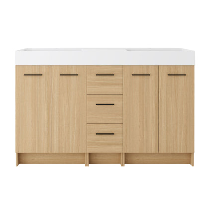 Double Sink Bathroom Vanity With 3 Drawers, Large Storage, Integrated Sink, Freestanding Cabinet, Soft Close Hardware - Glossy White / Light Oak