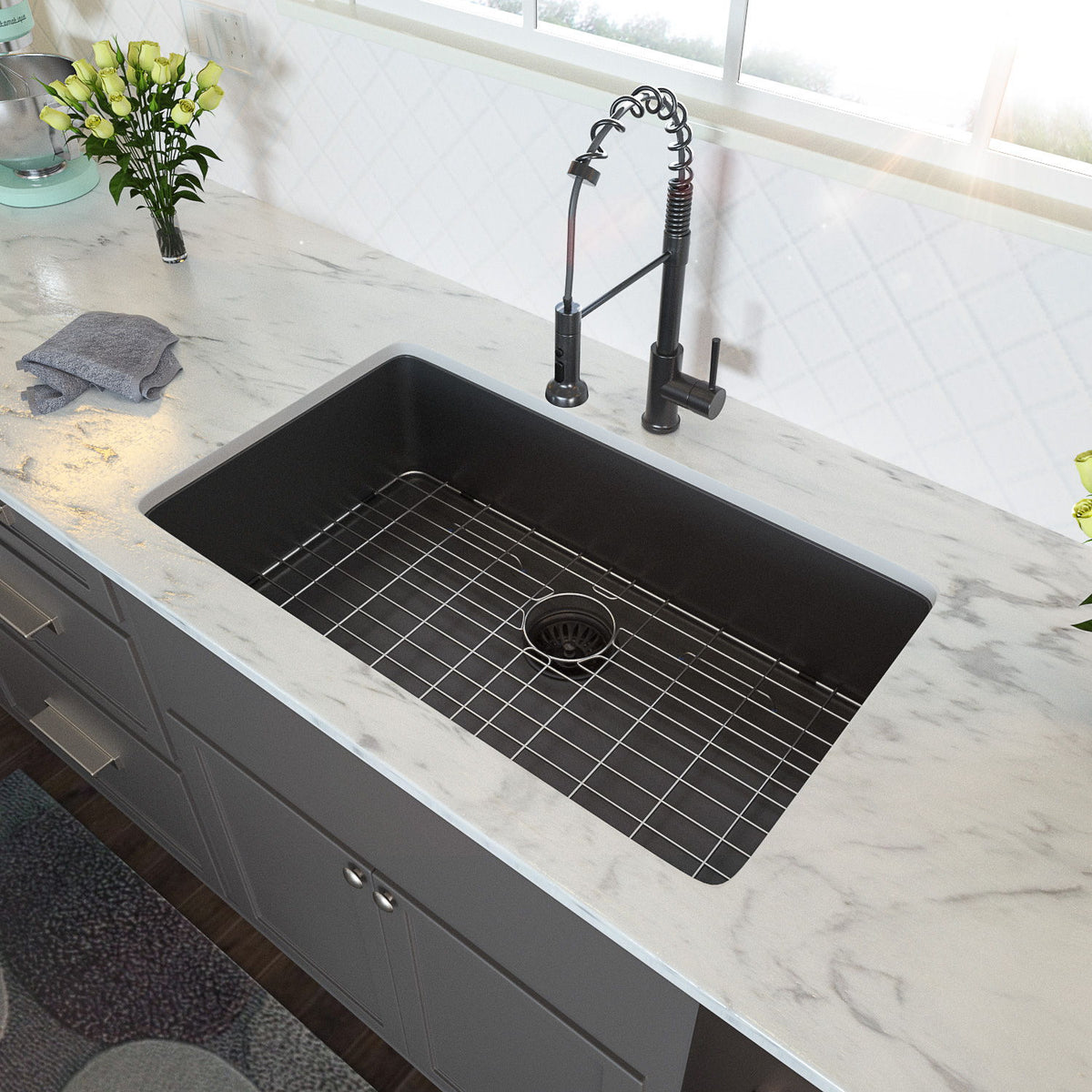 28" Undermount Kitchen Sink 16 Gauge 10" Deep Single Bowl - Gunmetal Black