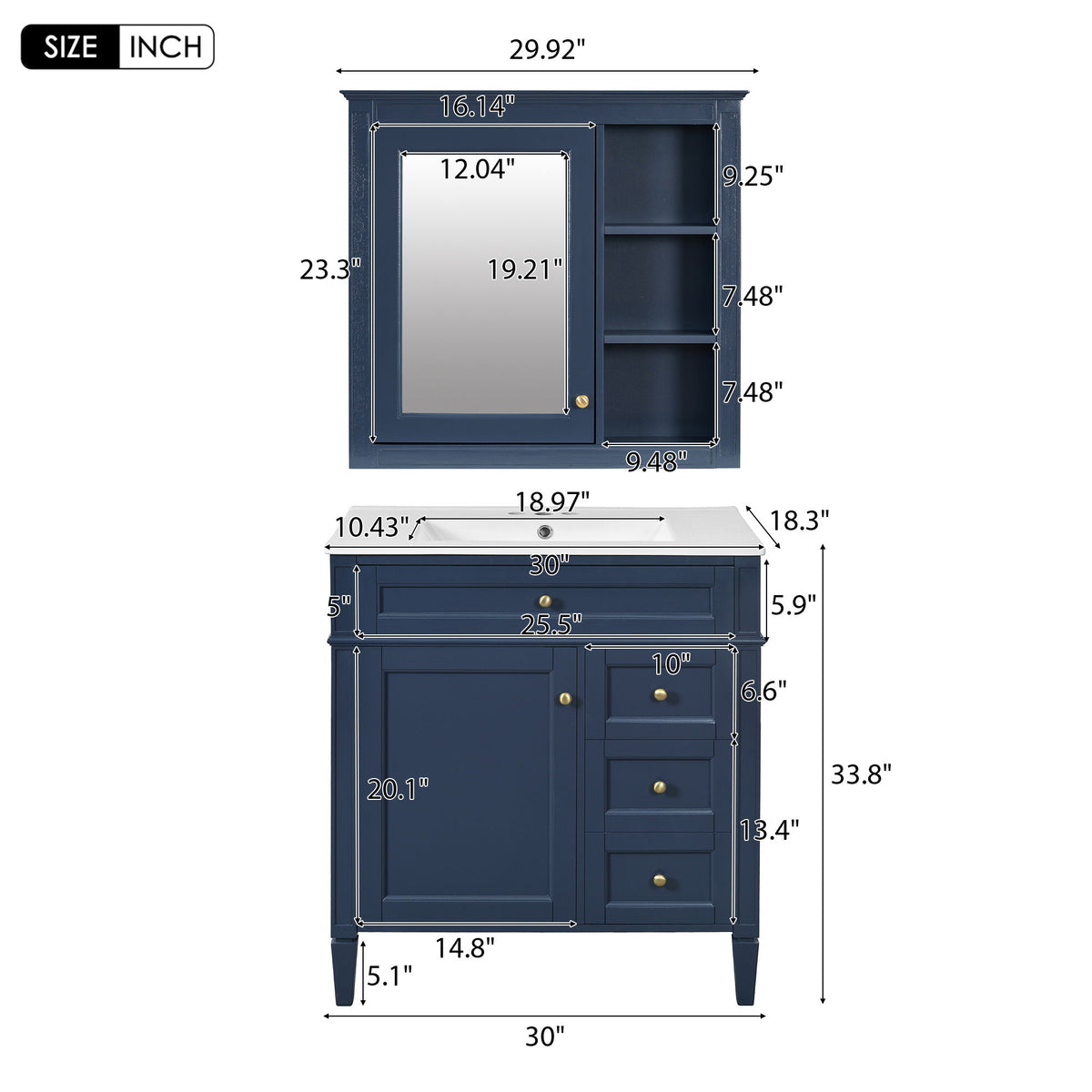 Bathroom Vanity With Top Sink, 2 Doors And 3 Drawers, Freestanding Set With Mirror Cabinet