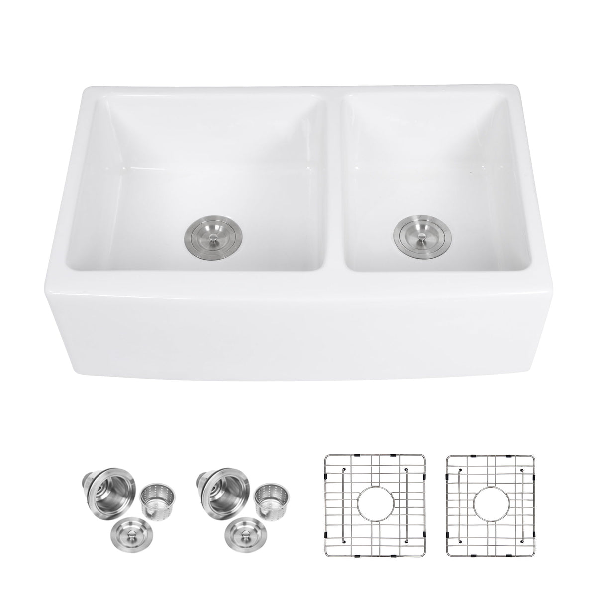 Sink 33" Double Bowl 60 / 40 Kitchen Sink With Deep Basin And Grids - White