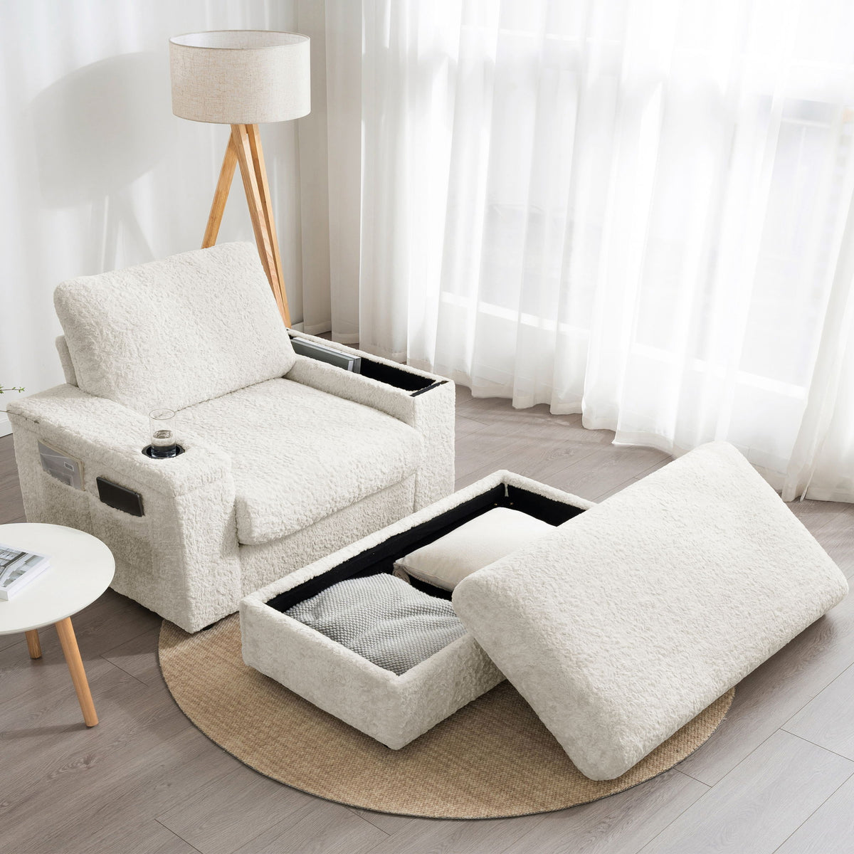 Oversized Chaise Lounge Indoor Rabbit Fur Sofa Bed With Storage Ottoman And Armrests Cup Holders With Deep Seat