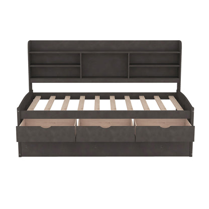 Captain Bed With Built In Bookshelves, 3 Storage Drawers, And Trundle