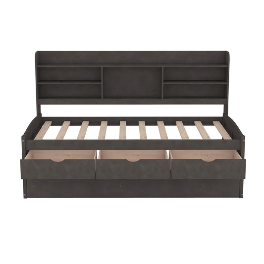 Captain Bed With Built In Bookshelves, 3 Storage Drawers, And Trundle