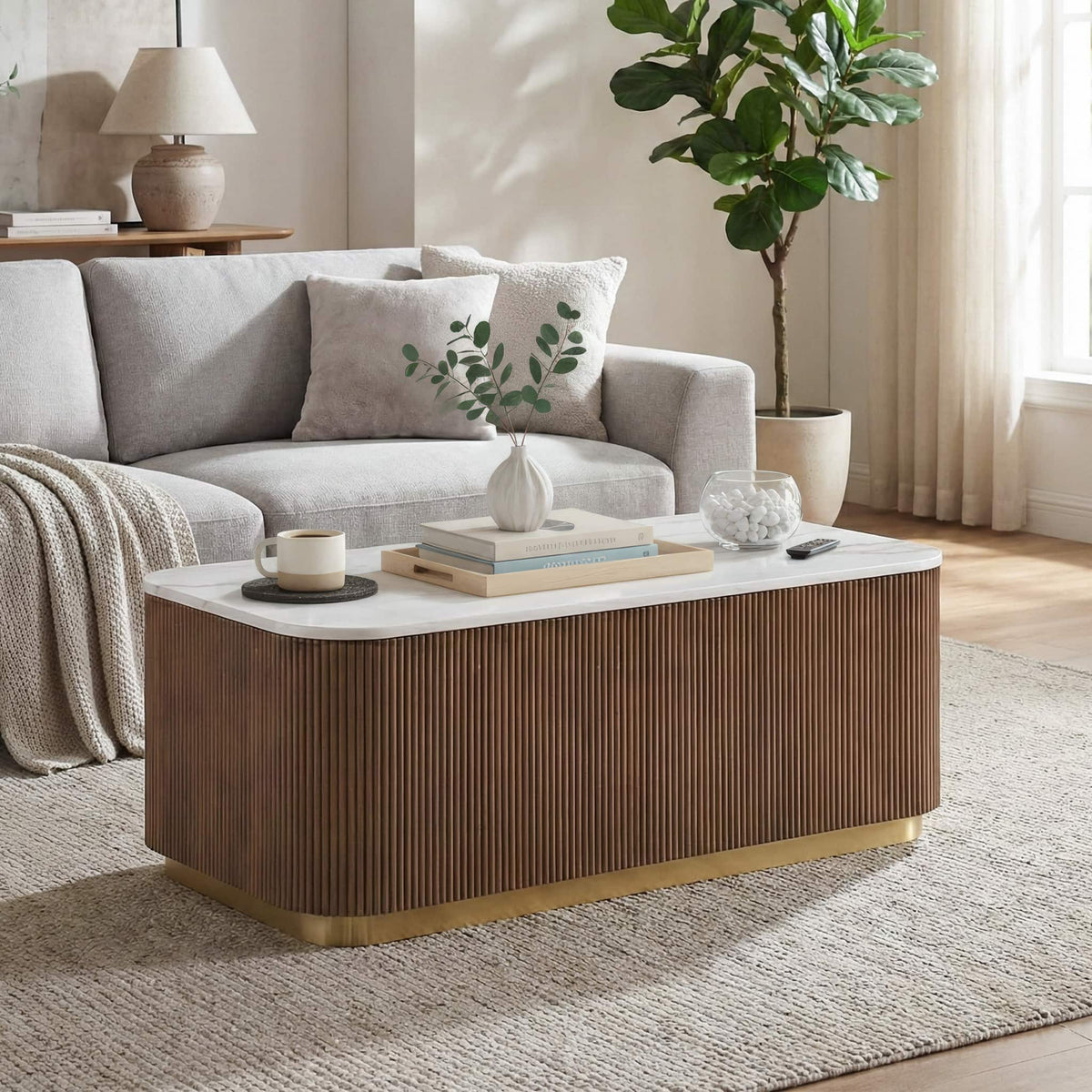 Rectangle Cocktail Table Genuine Accent Plinth Base Living Room - Brown / Gold / White