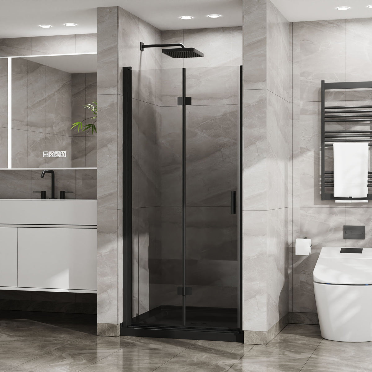 Bifold Frameless Glass Shower Door With Pivot Swing Panel, Tempered Clear Glass
