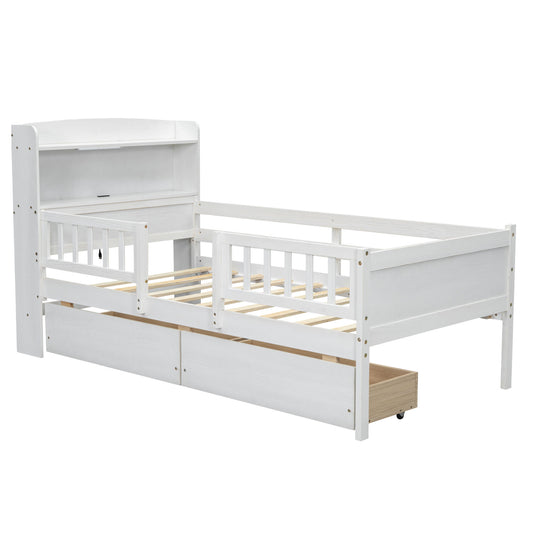 Platform Bed With LED Light, Multi Functional Headboard, Guardrail And 2 Drawers