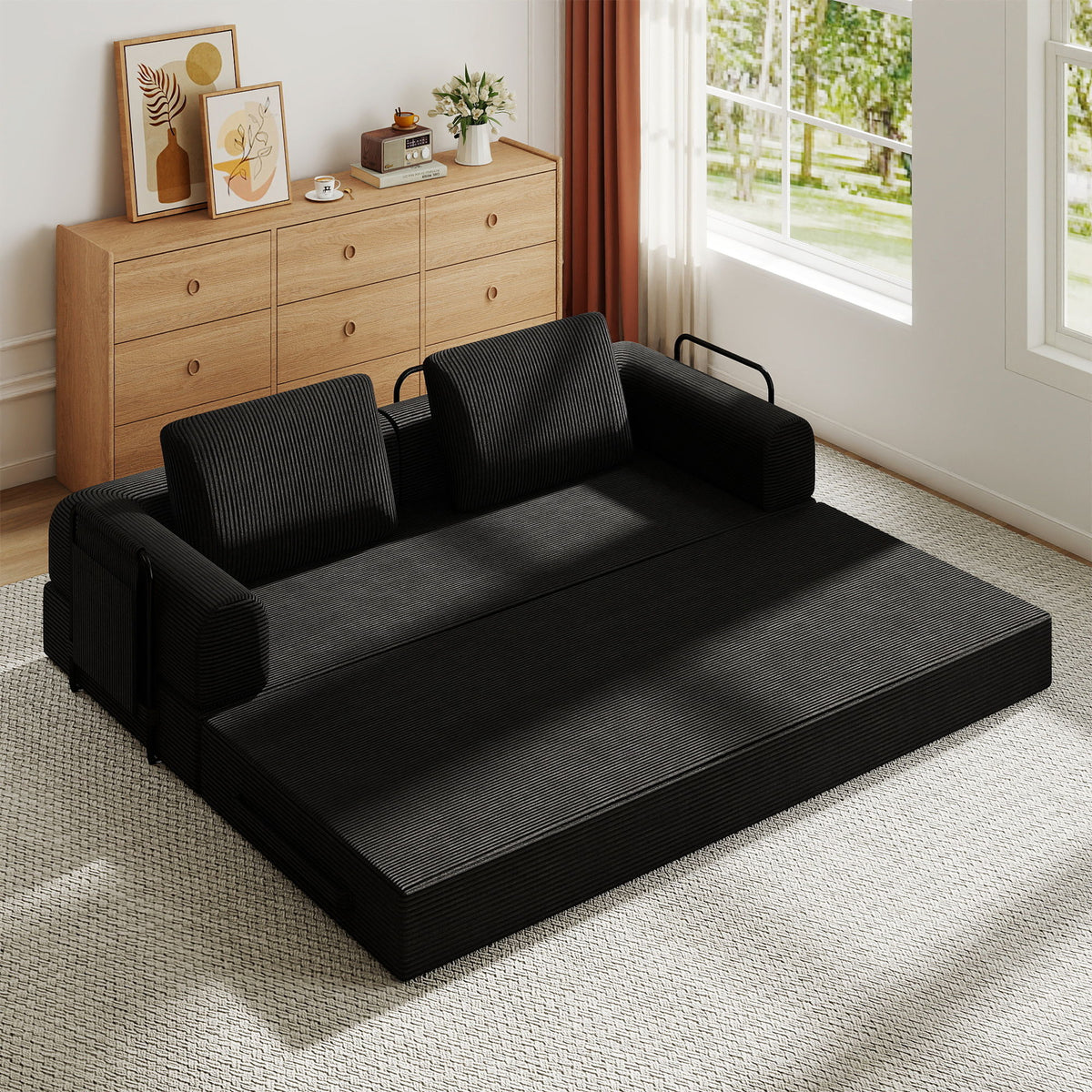 Convertible Sleeper Sofa Bed With Cylindrical Pillow, Fixed Shape Frame