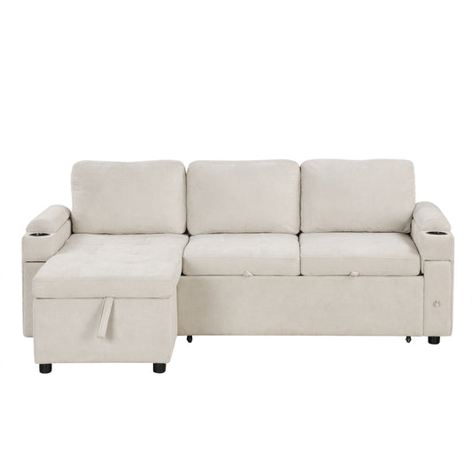 Convertible L Shaped Sofa Couch With Storage, Cup Holders, USB Ports