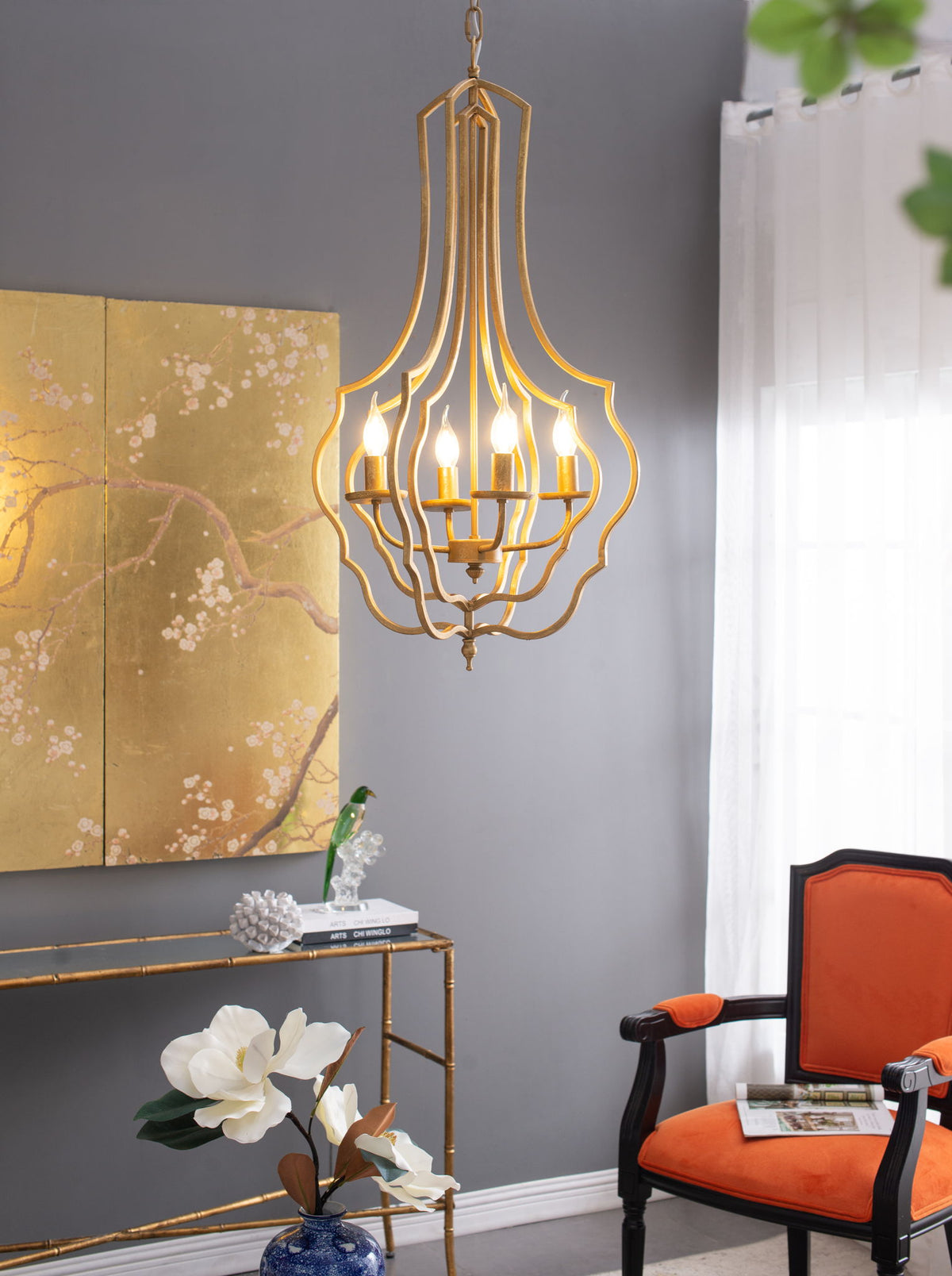 4 Light Chandelier, Hanging Light Fixture With Adjustable Chain For Kitchen, Bulb Not Included - Gold