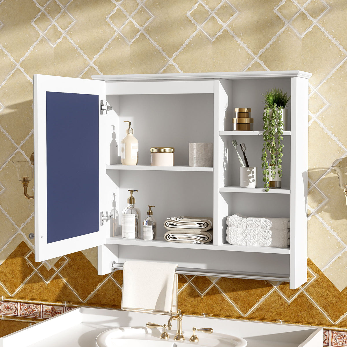 Wall Mount 2 In 1 Mirror Cabinet With Adjustable Shelf, Soft-Closing Hinges