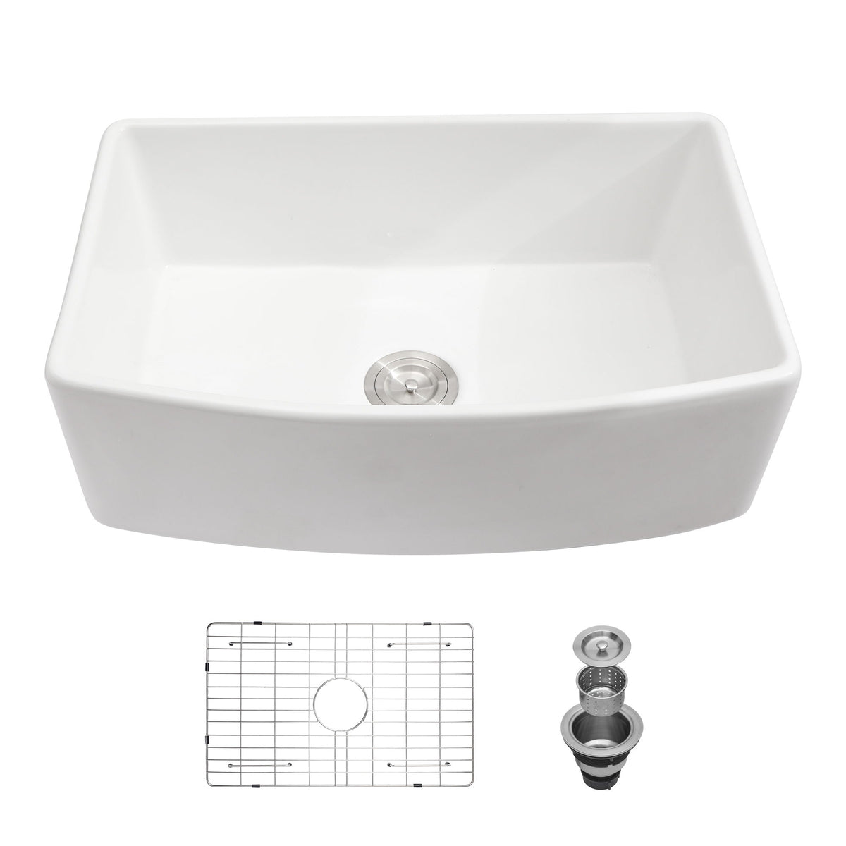 Ceramic Farmhouse Sink, Apron Front Single Bowl With Arch Edge