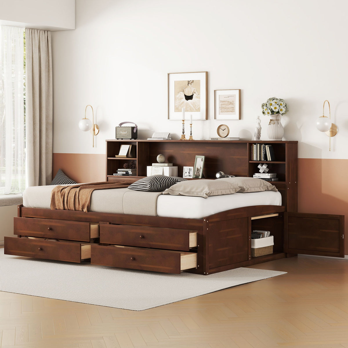 Full Size Captain Bed With Built In Storage Shelves, 4 Drawers And 2 Cabinets - Antique Brown