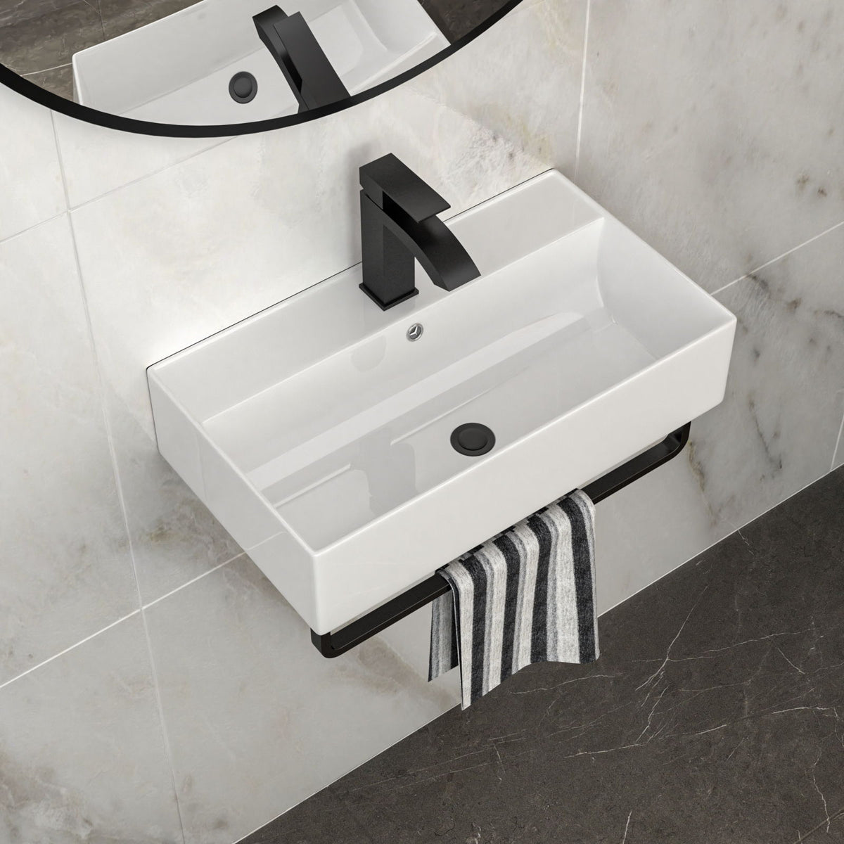 Wall Mounted Rectangular Bathroom Sink With Towel Bar