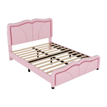 Upholstered Platform Bed & Curve Shaped And Height Adjustable Headboard, LED Light Strips