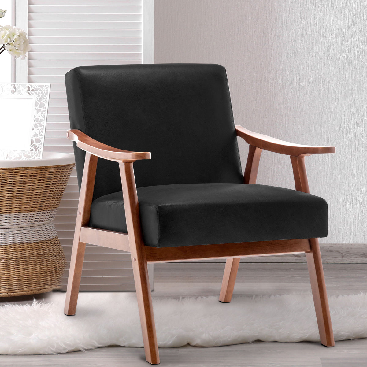 Mid Century Modern Accent Chair With Solid Wood Frame And Extra Thick Backrest