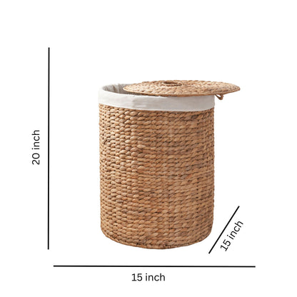 Round Tall Water Hyacinth Woven Wicker Laundry Hamper With Lid - For Clothes, Toys And Book Storage With Removable Liner - 15" X 15" X 20" - Natural Brown