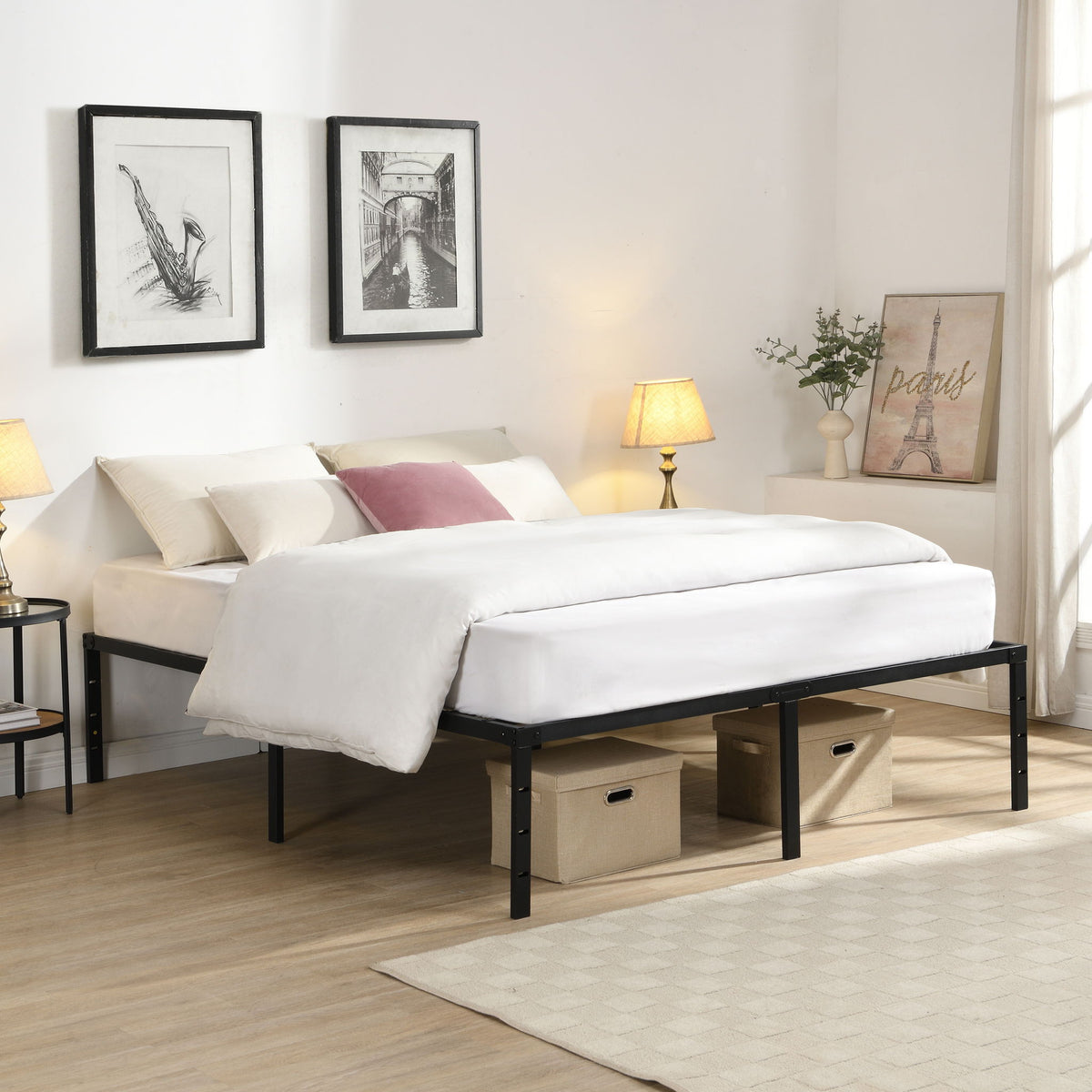 Heavy Duty Queen Size Bed Frame With Quiet Support - Black
