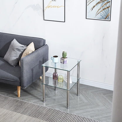 Modern 2 Piece Side Table With Storage Shelf, Tempered Glass, Space Saving Design - Clear