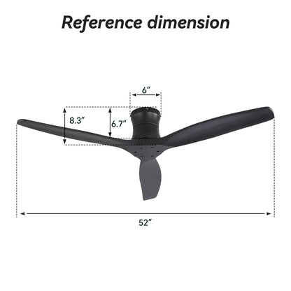52" Ceiling Fan, No Light Flush Mount Low Profile 3 Blades With Remote Control