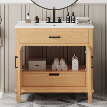 Bathroom Vanity With Ceramic Sink, Modern Free Standing Cabinet With Soft Close Drawers