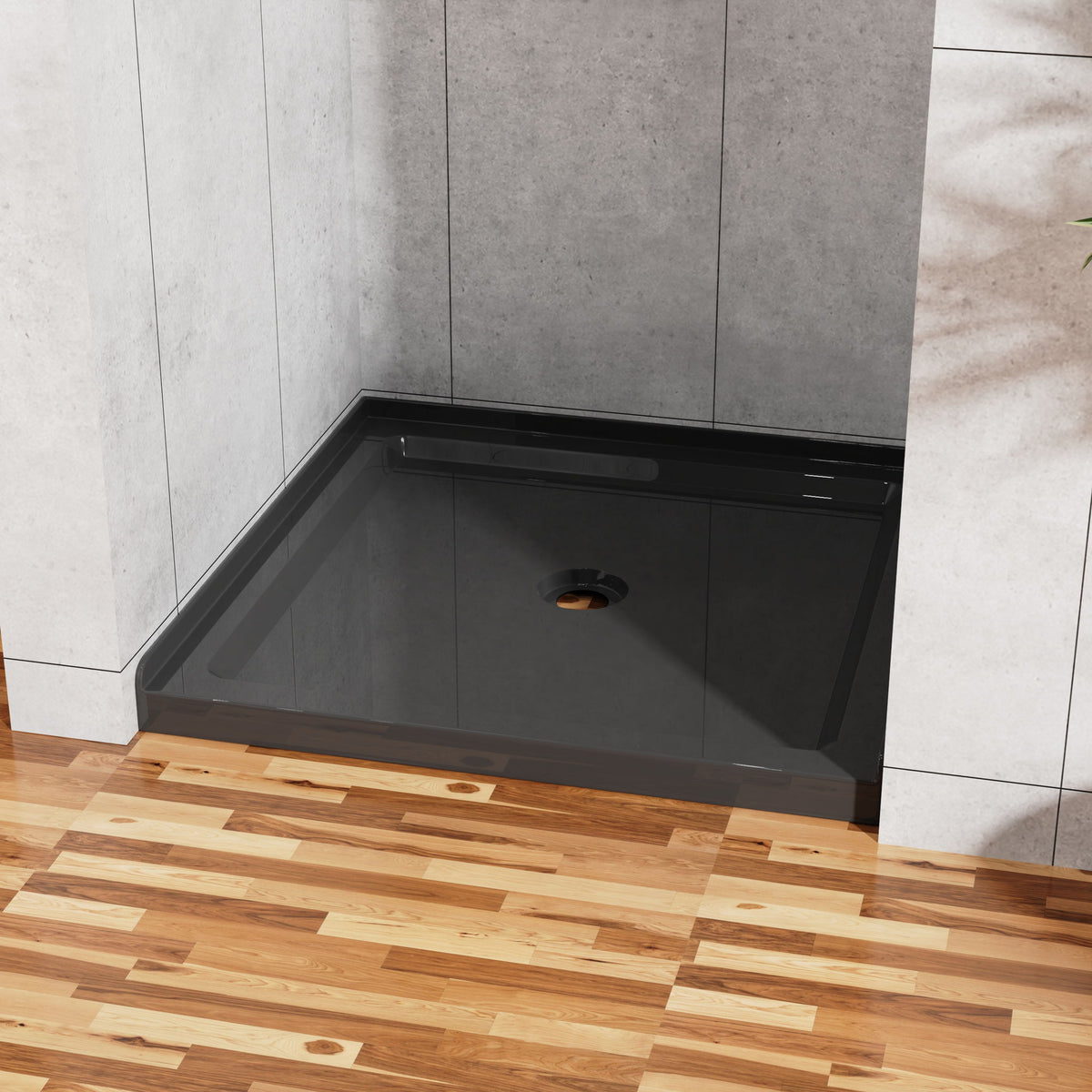 Shower Base, Anti Slip Center Drain Single Threshold - Black