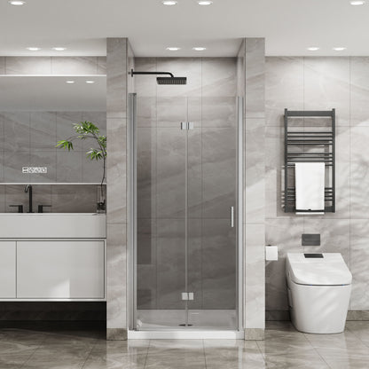 Bifold Frameless Glass Shower Door With Pivot Swing Panel, Tempered Clear Glass