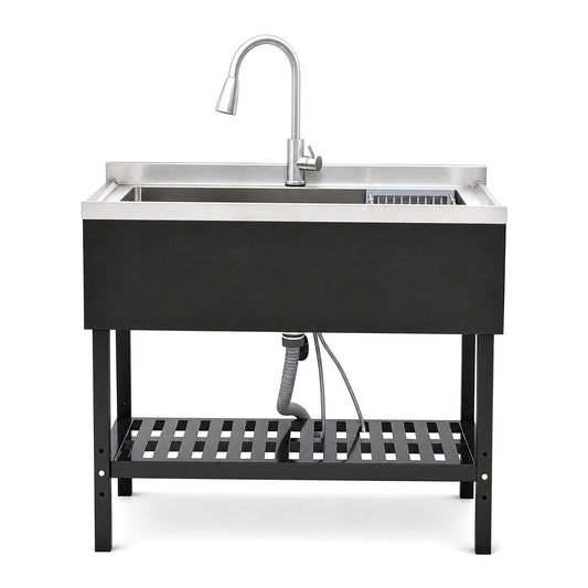 Freestanding Utility Sink With Pull Out Faucet And Large Storage Grille - Black / Silver