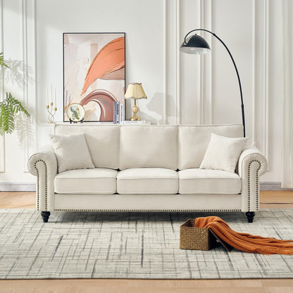 3 Seater Sofa With Tufted Upholstery, Rolled Arms, Nailhead Trim