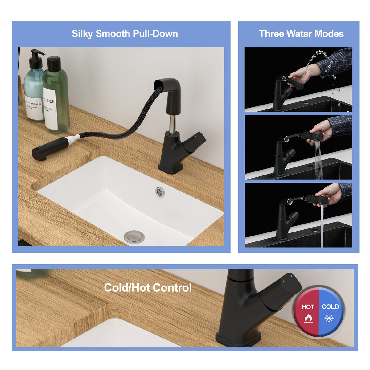 Pull Down Bathroom Sink Faucet With Three Water Modes And Construction - Matte Black
