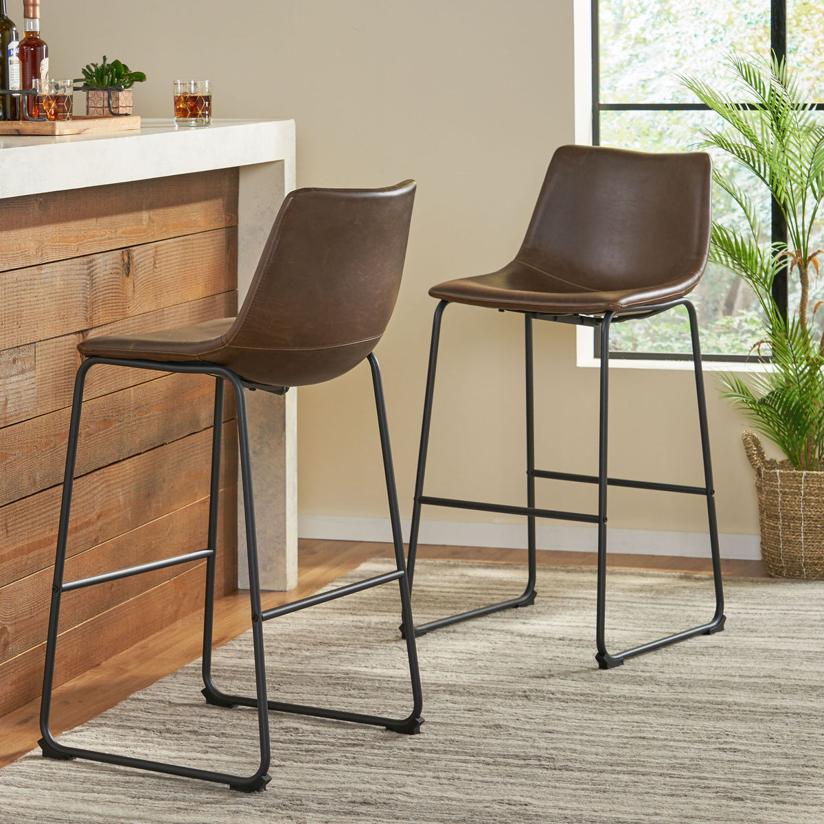 Barstool With Upholstery And Foot Rail - Vintage Brown