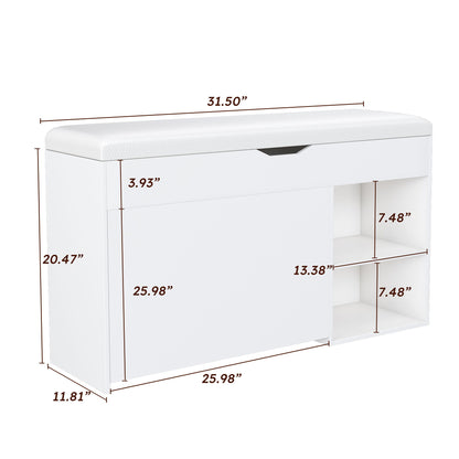 Modern Design Entryway Bench With Adjustable 3 Tier Flip-Up Drawers And Hidden Cabinet - White