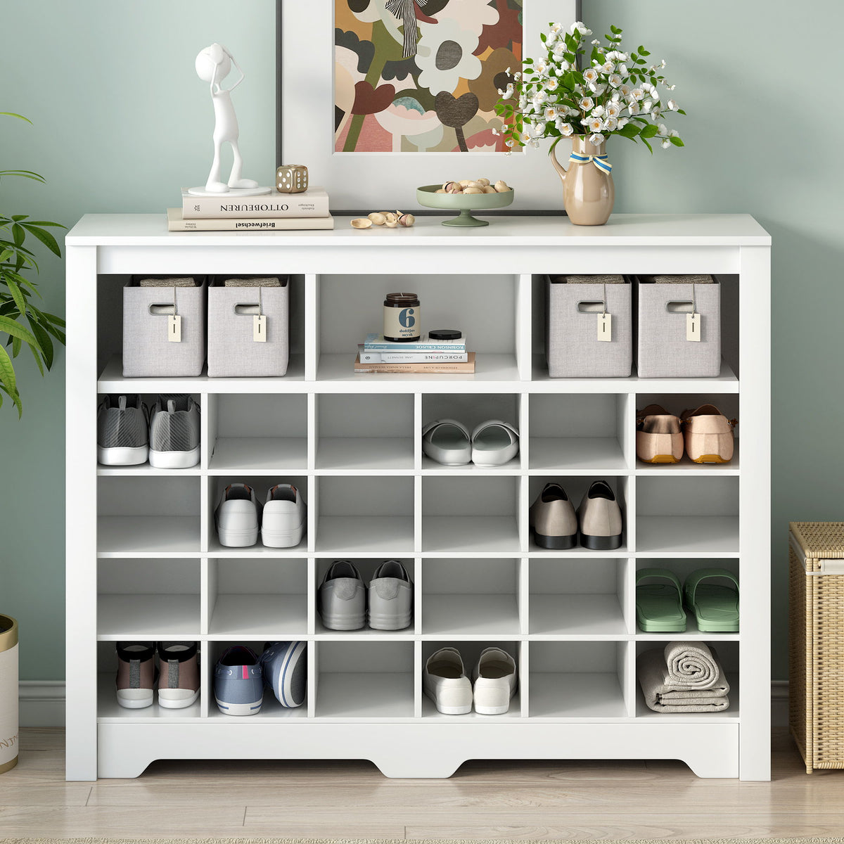 24 Shoe Cubby Console, Shoe Cabinet - White