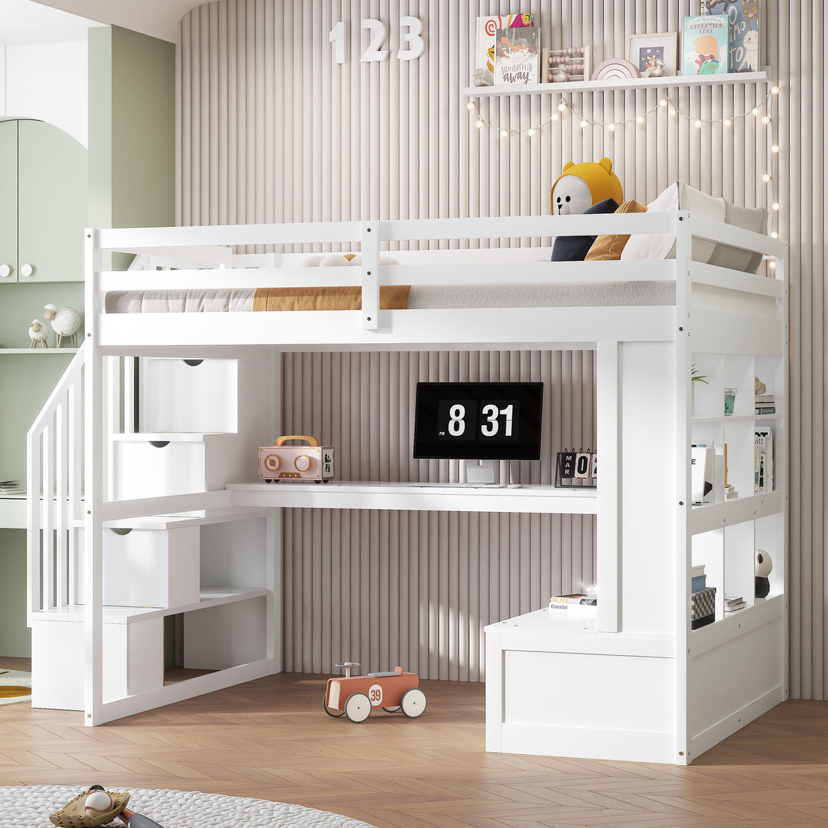 Full Size Loft Bed With Desk And Shelves, 2 Built In Drawers, Storage Staircase - White