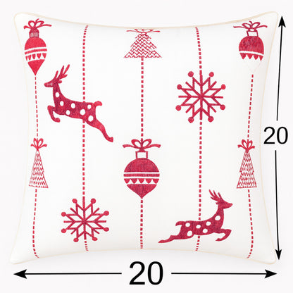 Christmas Throw Pillow With Embroidered Reindeer And Snowflakes - White