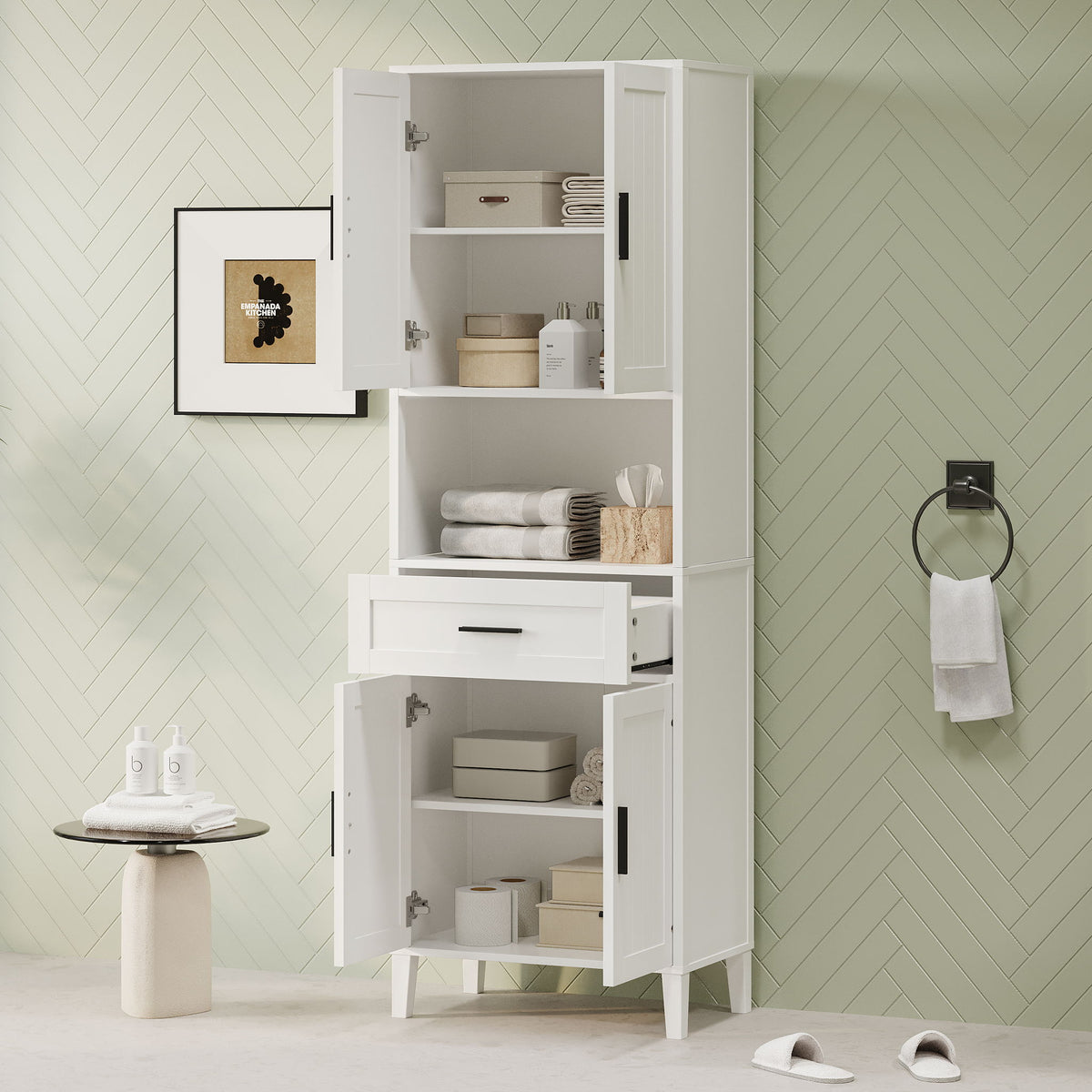Freestanding Tall Bathroom Cabinet With Soft Close Doors And Adjustable Shelves