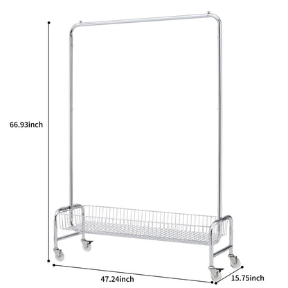 Heavy Duty Iron Garment Rack With Basket On Wheels - Silver